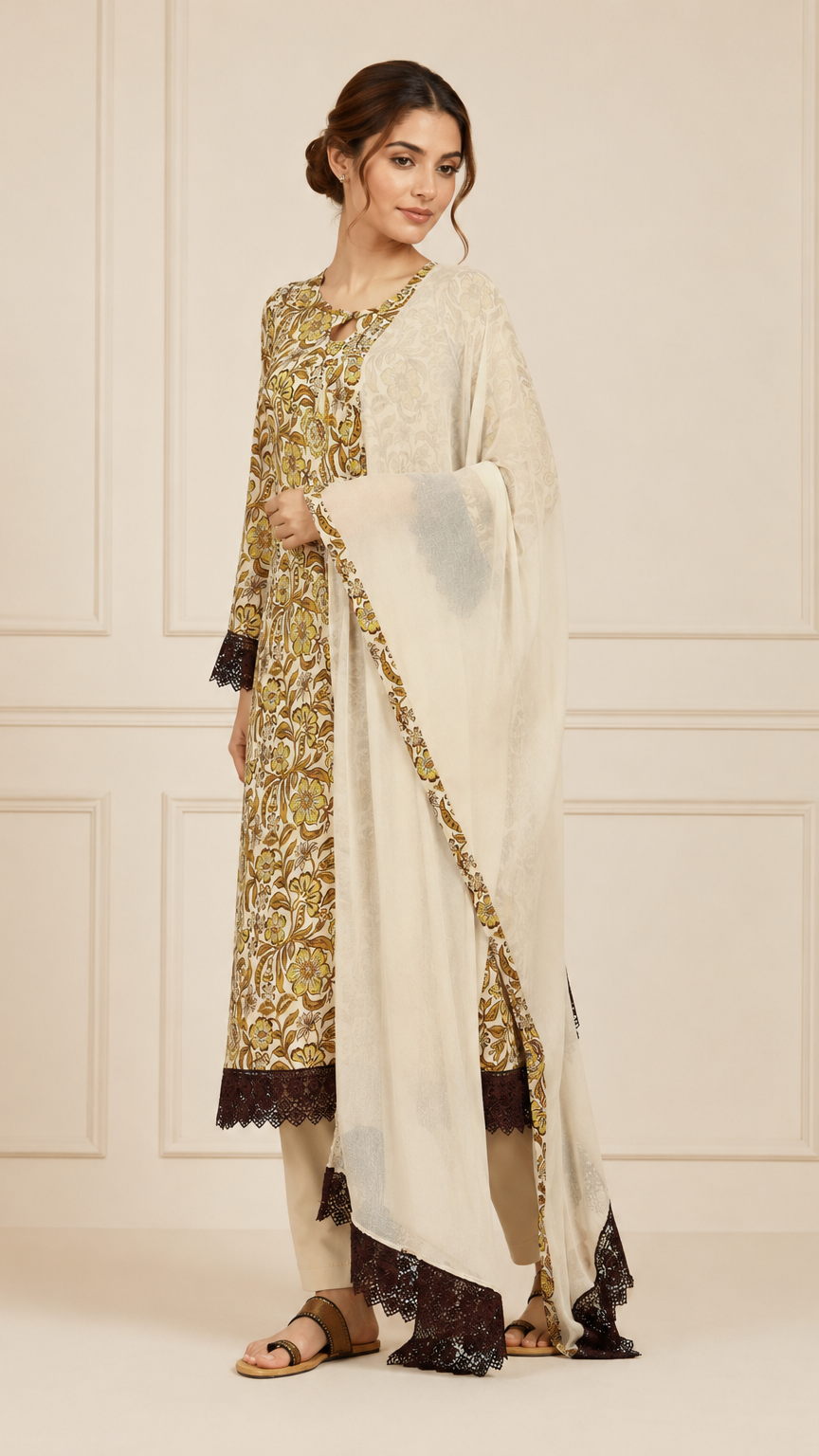 Cream and mustard floral women’s salwar kameez suit with matching trousers and chiffon dupatta, brown lace trim Asian ethnic wear by Diya Online