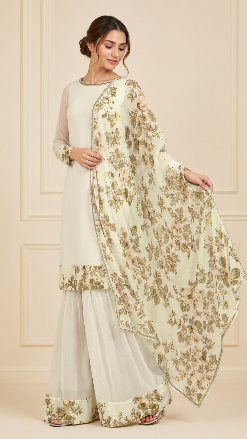 Ivory cream women’s floral salwar kameez suit with wide-leg sharara trousers and matching printed dupatta, elegant Asian ethnic wear by Diya Online