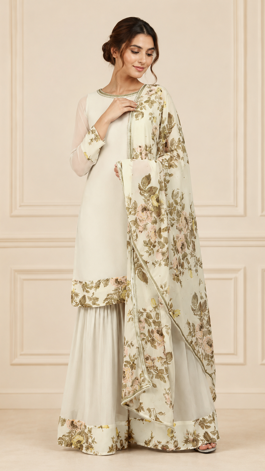 Ivory cream women’s floral salwar kameez suit with wide-leg sharara trousers and matching printed dupatta, elegant Asian ethnic wear by Diya Online