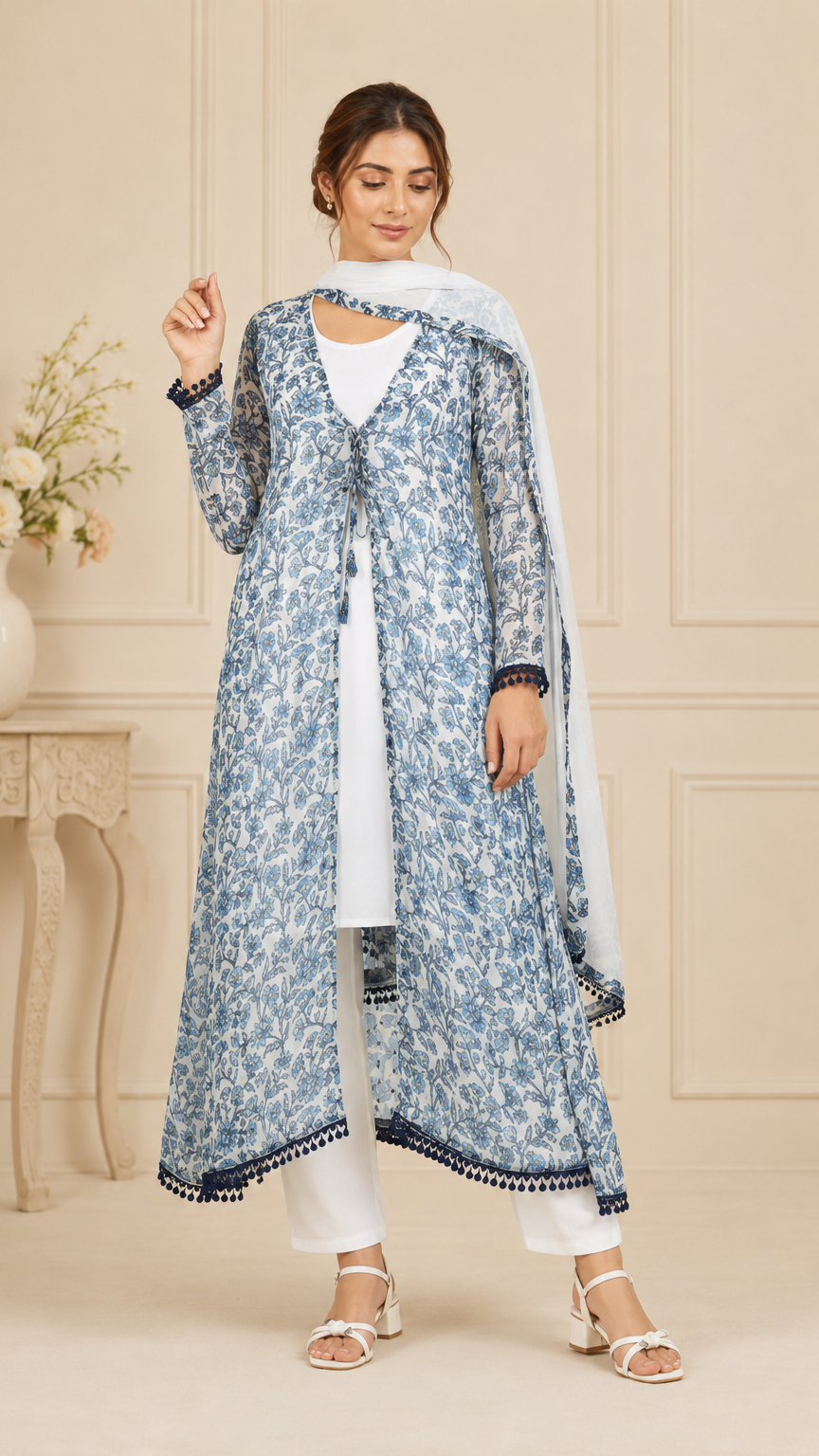 White and blue women’s floral printed salwar kameez suit with matching trousers and chiffon dupatta, elegant Asian ethnic wear by Diya Online