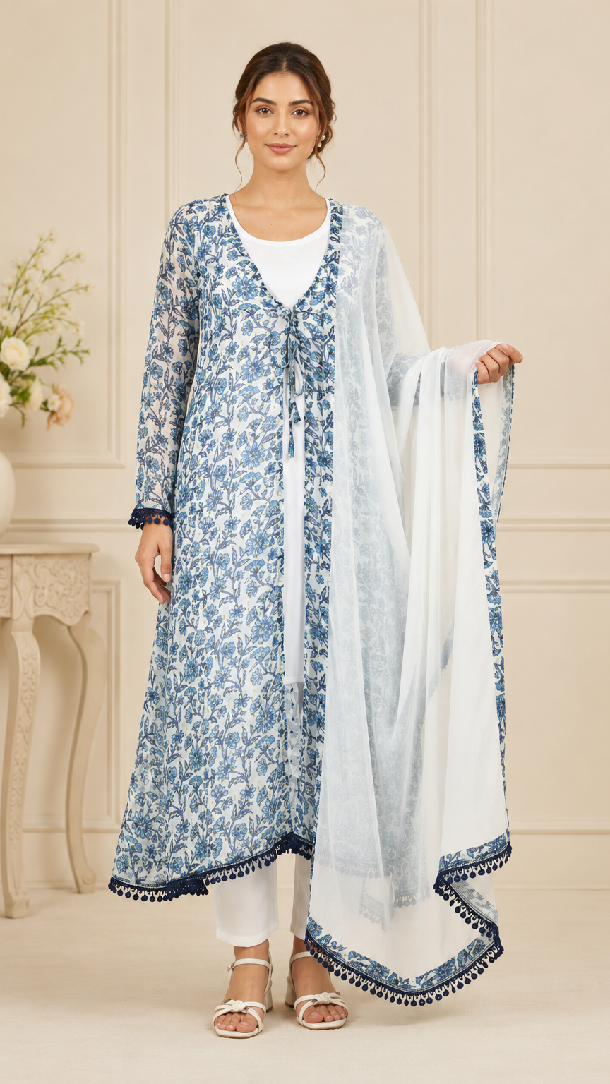 White and blue women’s floral printed salwar kameez suit with matching trousers and chiffon dupatta, elegant Asian ethnic wear by Diya Online