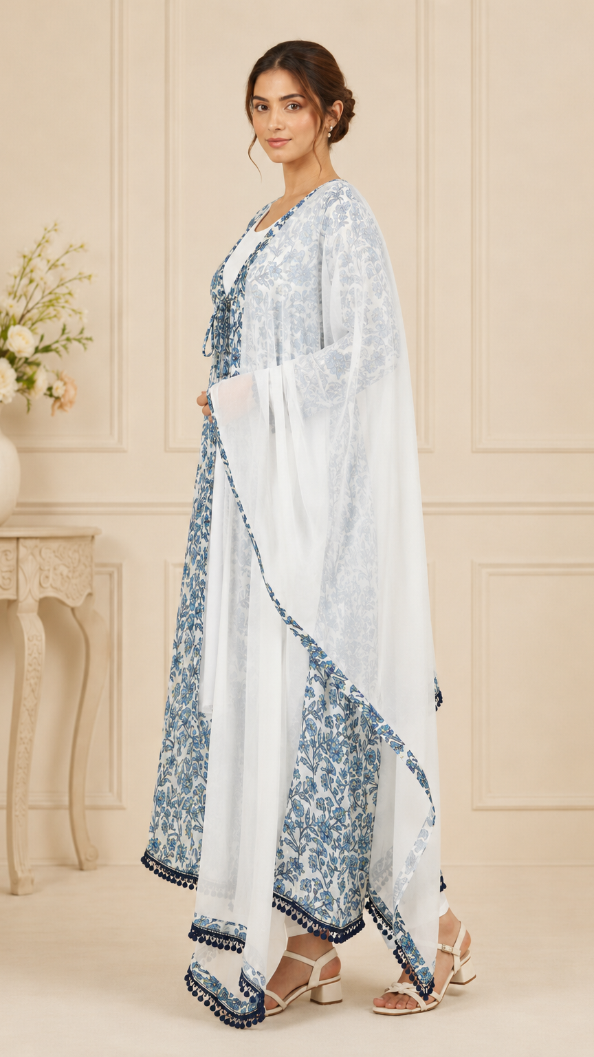 White and blue women’s floral printed salwar kameez suit with matching trousers and chiffon dupatta, elegant Asian ethnic wear by Diya Online