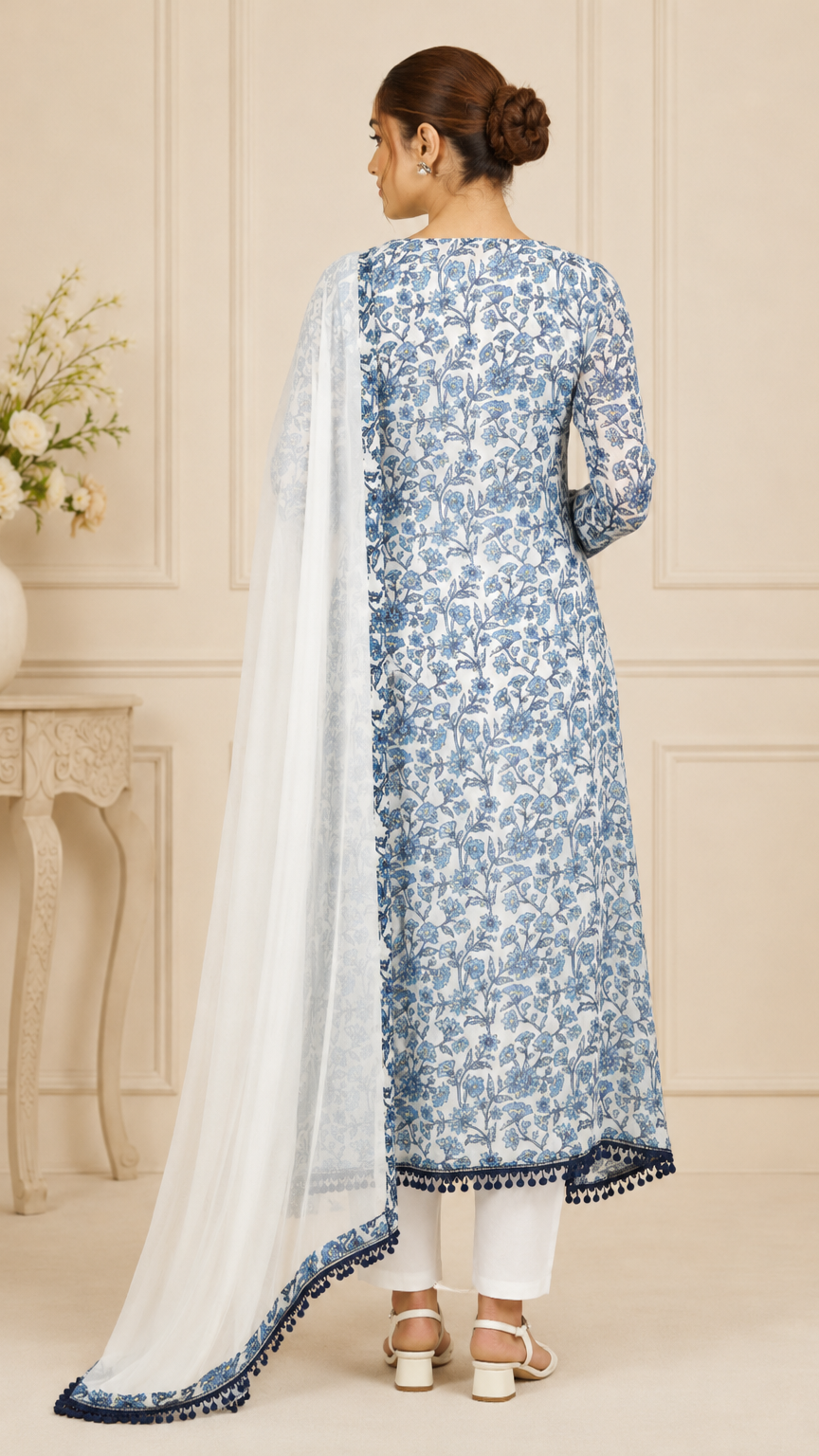 White and blue women’s floral printed salwar kameez suit with matching trousers and chiffon dupatta, elegant Asian ethnic wear by Diya Online