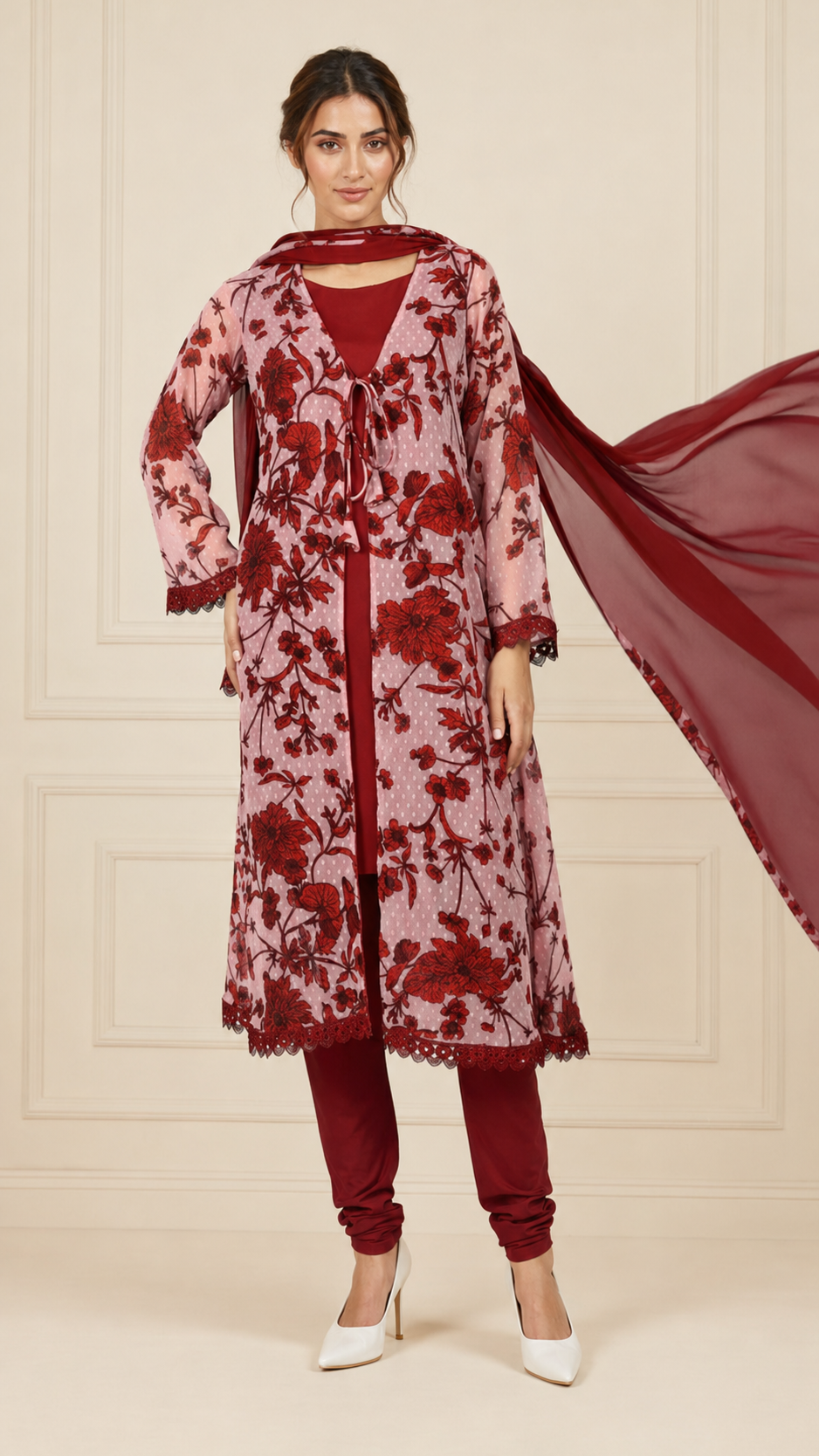 Deep red and blush pink women’s floral embroidered salwar kameez suit with matching trousers and chiffon dupatta, elegant Asian ethnic wear by Diya Online
