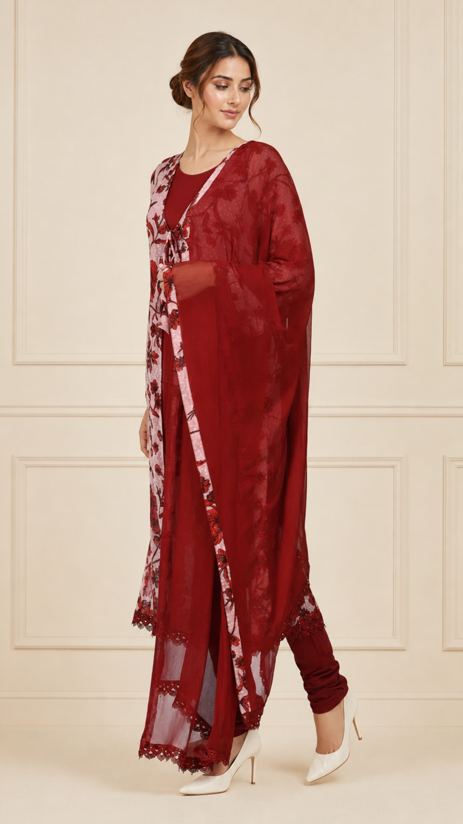 Deep red and blush pink women’s floral embroidered salwar kameez suit with matching trousers and chiffon dupatta, elegant Asian ethnic wear by Diya Online