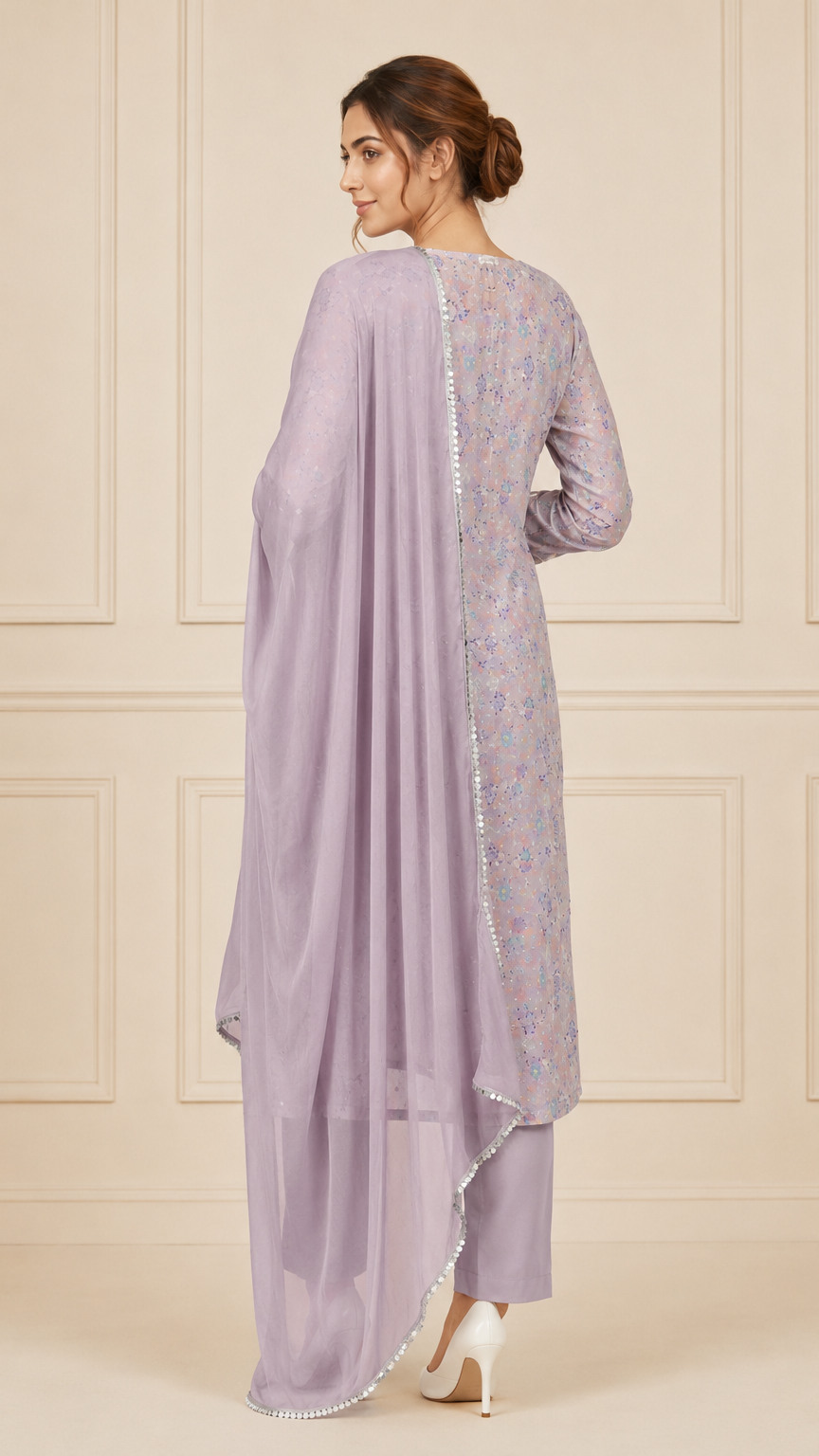 Mauve lilac women’s embroidered salwar kameez suit with matching trousers and chiffon dupatta, silver embellished Asian ethnic wear by Diya Online