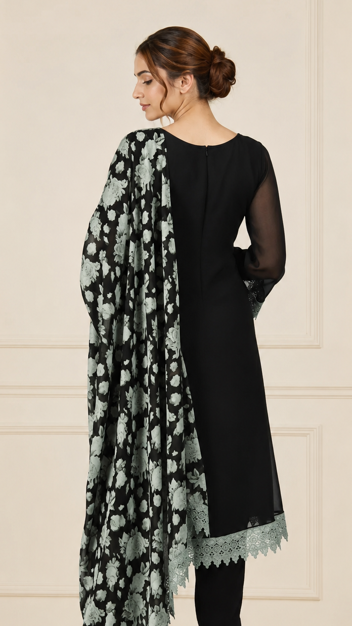 Black women’s salwar kameez suit with matching trousers, mint lace trim and floral printed dupatta, elegant Asian ethnic wear by Diya Online