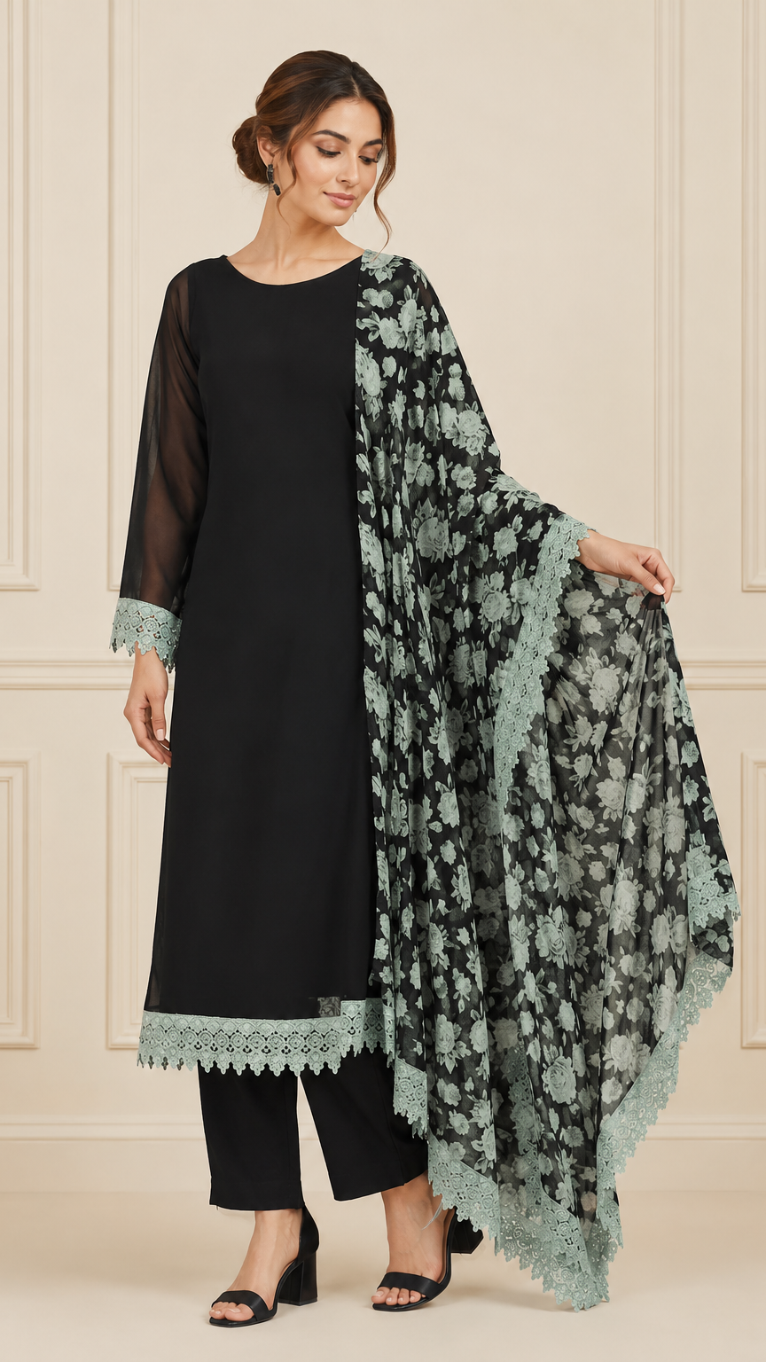 Black women’s salwar kameez suit with matching trousers, mint lace trim and floral printed dupatta, elegant Asian ethnic wear by Diya Online