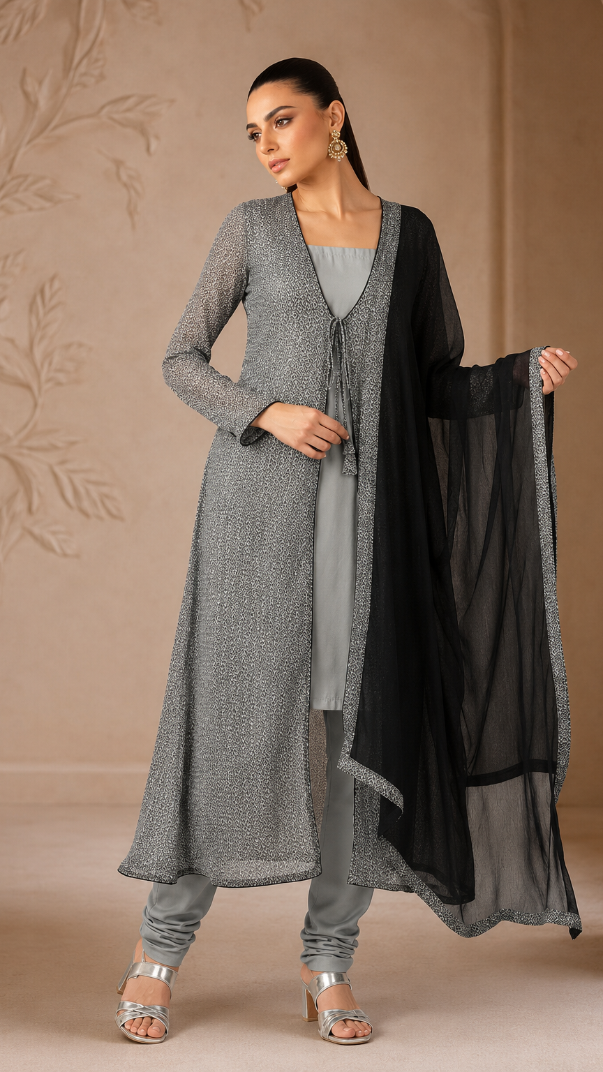 Grey women’s layered salwar kameez suit with matching churidar leggings, long printed jacket and black chiffon dupatta, elegant Asian ethnic wear by Diya Online