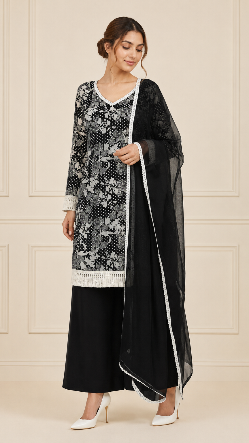 Black and ivory women’s floral printed salwar kameez suit with wide-leg trousers and sheer chiffon dupatta, elegant Asian ethnic wear by Diya Online