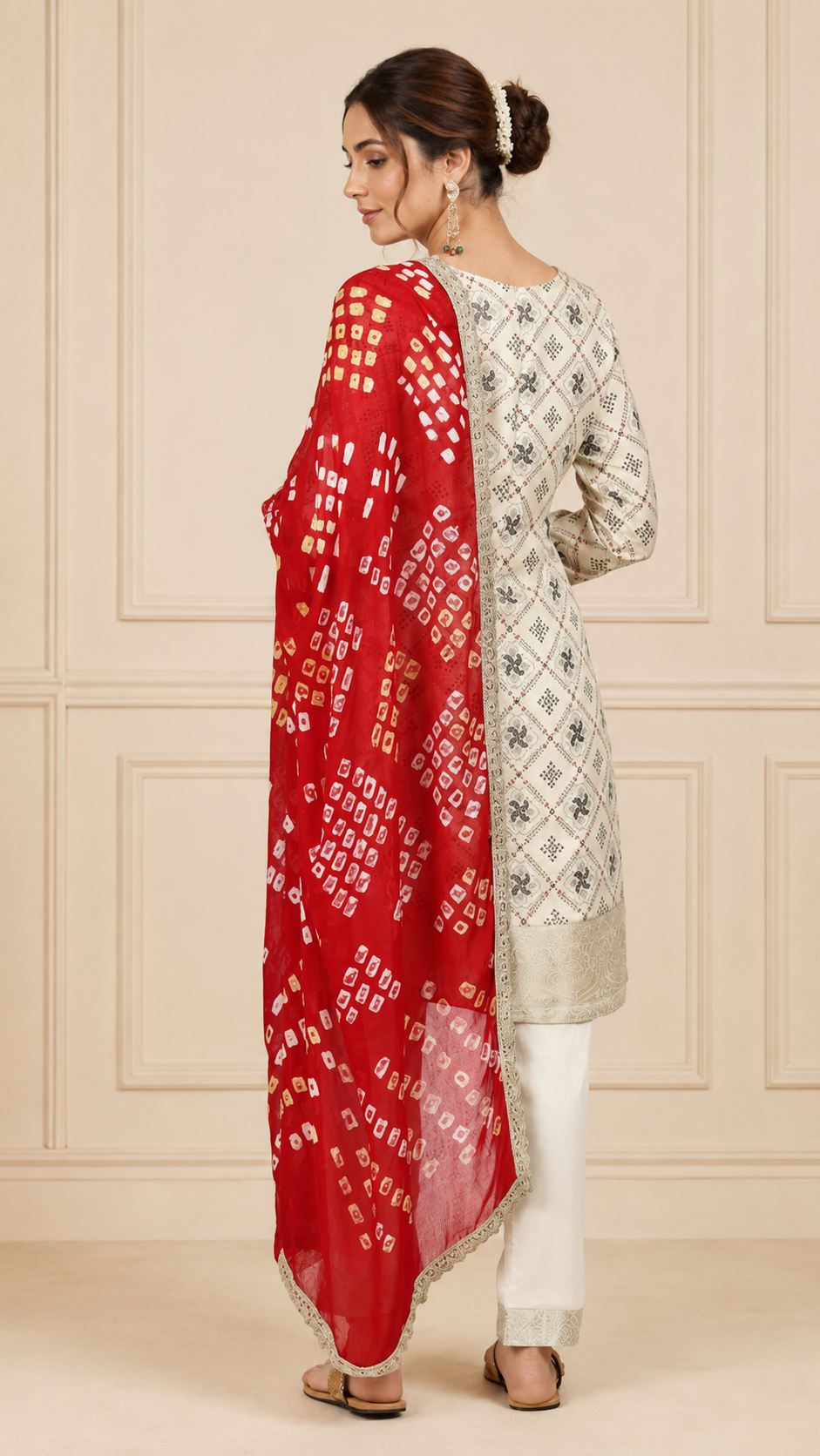 Ivory women’s printed salwar kameez suit with matching trousers and red bandhani dupatta, elegant Asian ethnic wear by Diya Online