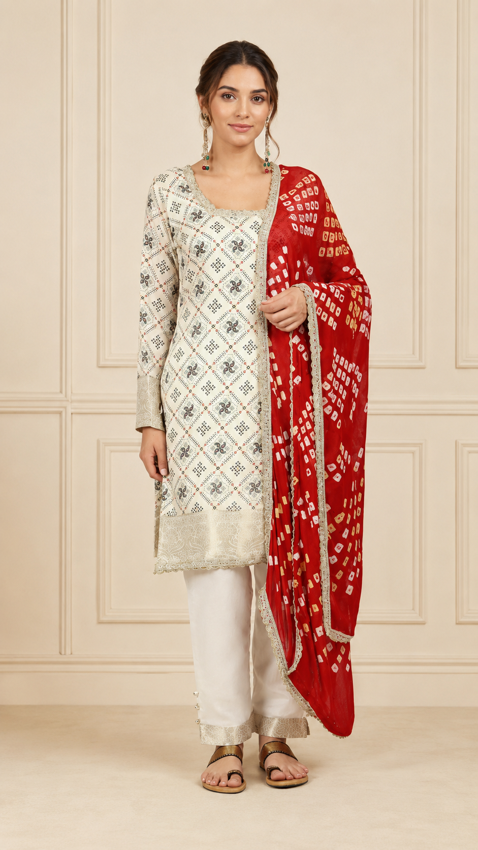 Ivory women’s printed salwar kameez suit with matching trousers and red bandhani dupatta, elegant Asian ethnic wear by Diya Online