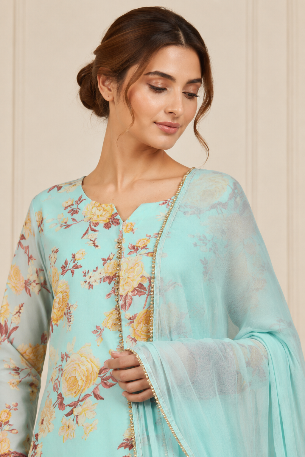 Aqua blue women’s floral salwar kameez suit with matching trousers and chiffon dupatta, elegant Asian ethnic wear by Diya Online