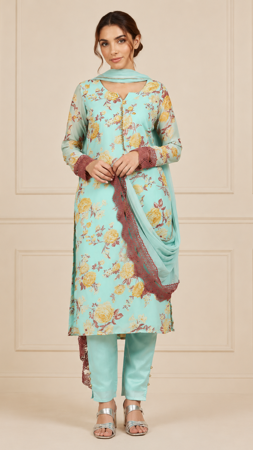 Aqua blue women’s floral salwar kameez suit with matching trousers and chiffon dupatta, elegant Asian ethnic wear by Diya Online