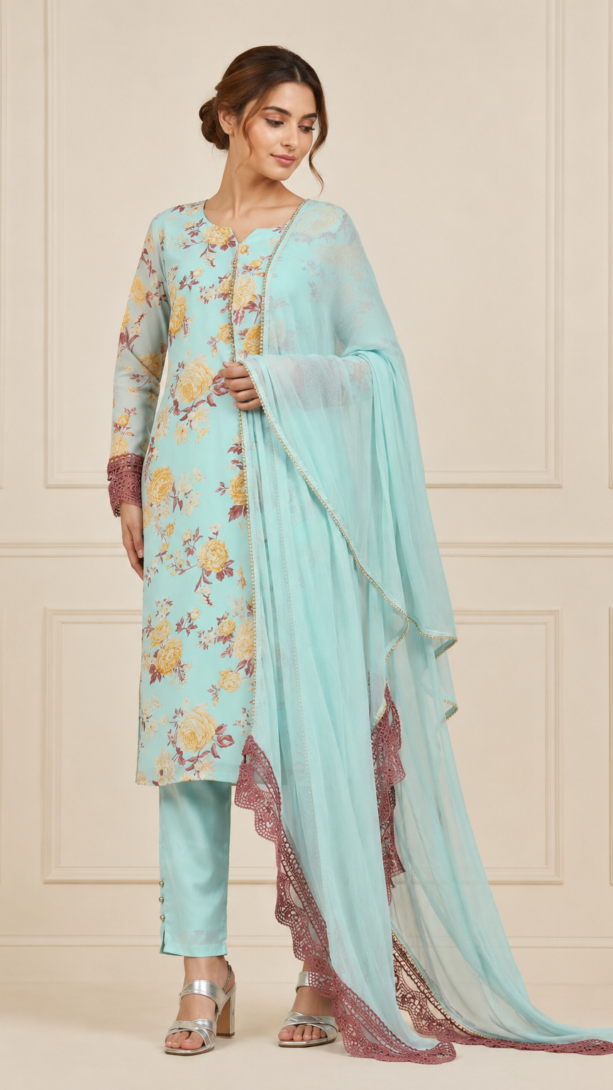 Aqua blue women’s floral salwar kameez suit with matching trousers and chiffon dupatta, elegant Asian ethnic wear by Diya Online
