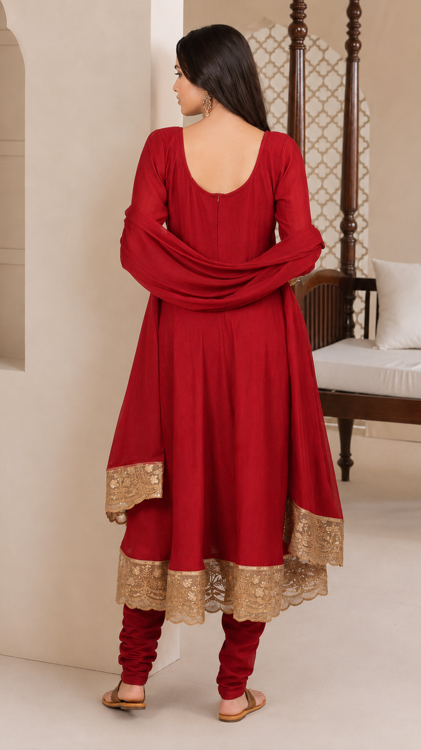 Deep red women’s embroidered Anarkali salwar kameez suit with matching trousers and chiffon dupatta, gold lace border Asian ethnic wear by Diya Online