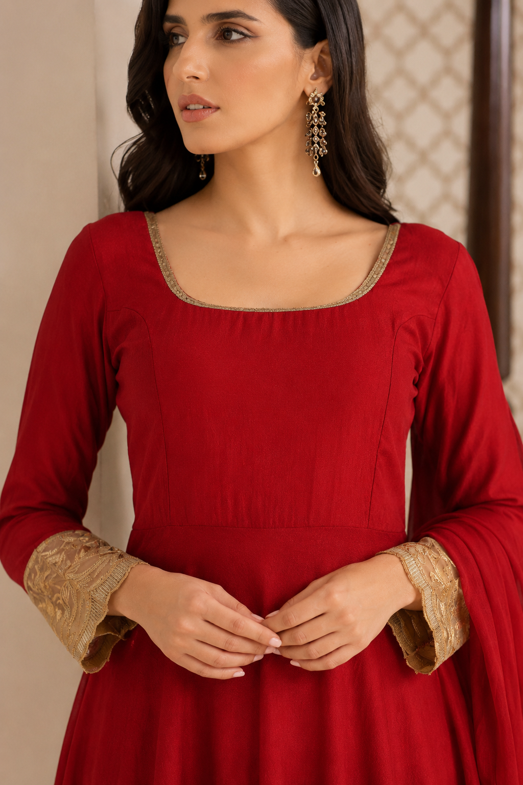 Deep red women’s embroidered Anarkali salwar kameez suit with matching trousers and chiffon dupatta, gold lace border Asian ethnic wear by Diya Online