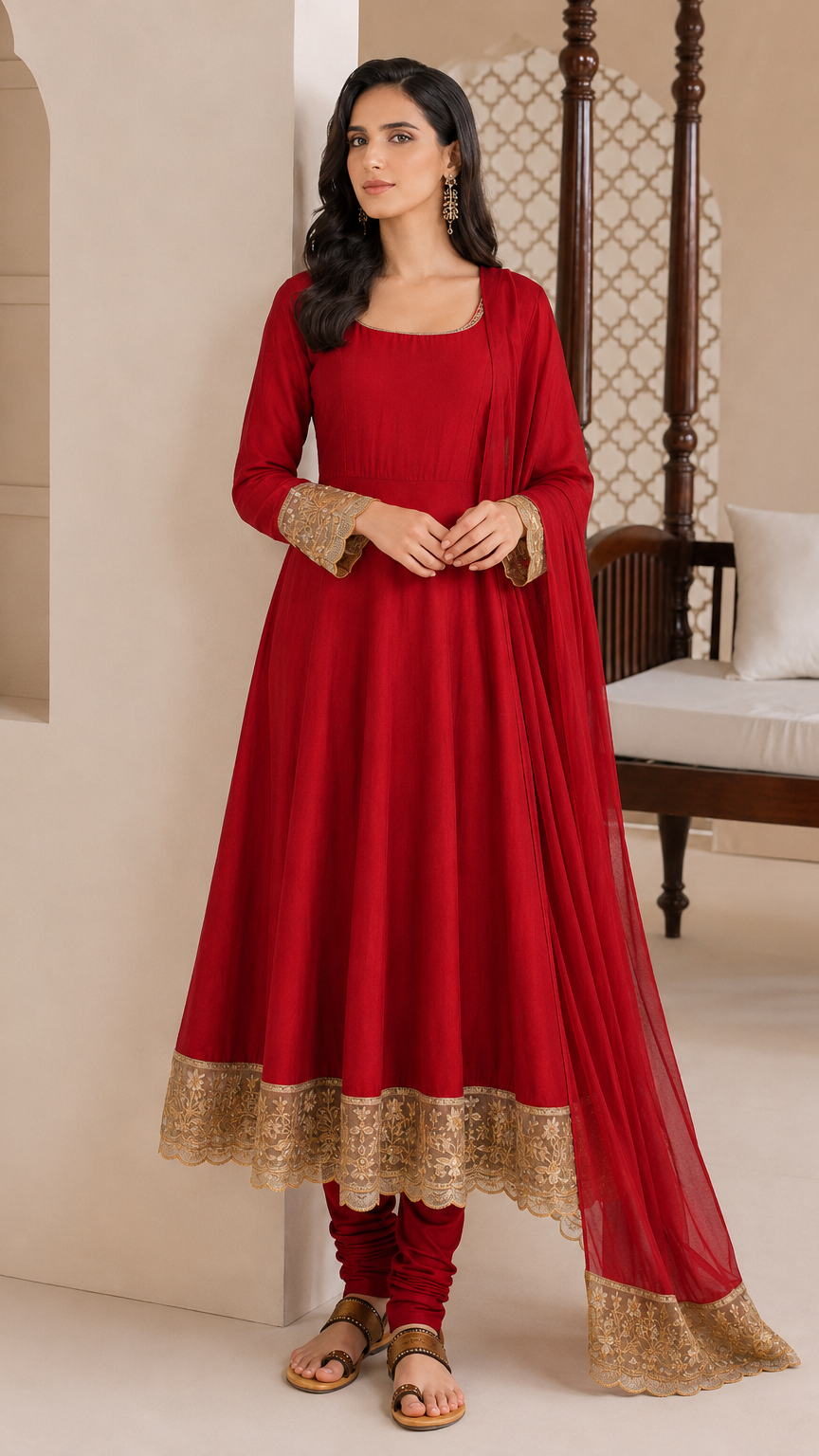 Deep red women’s embroidered Anarkali salwar kameez suit with matching trousers and chiffon dupatta, gold lace border Asian ethnic wear by Diya Online