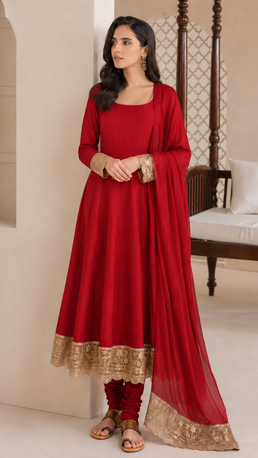Deep red women’s embroidered Anarkali salwar kameez suit with matching trousers and chiffon dupatta, gold lace border Asian ethnic wear by Diya Online