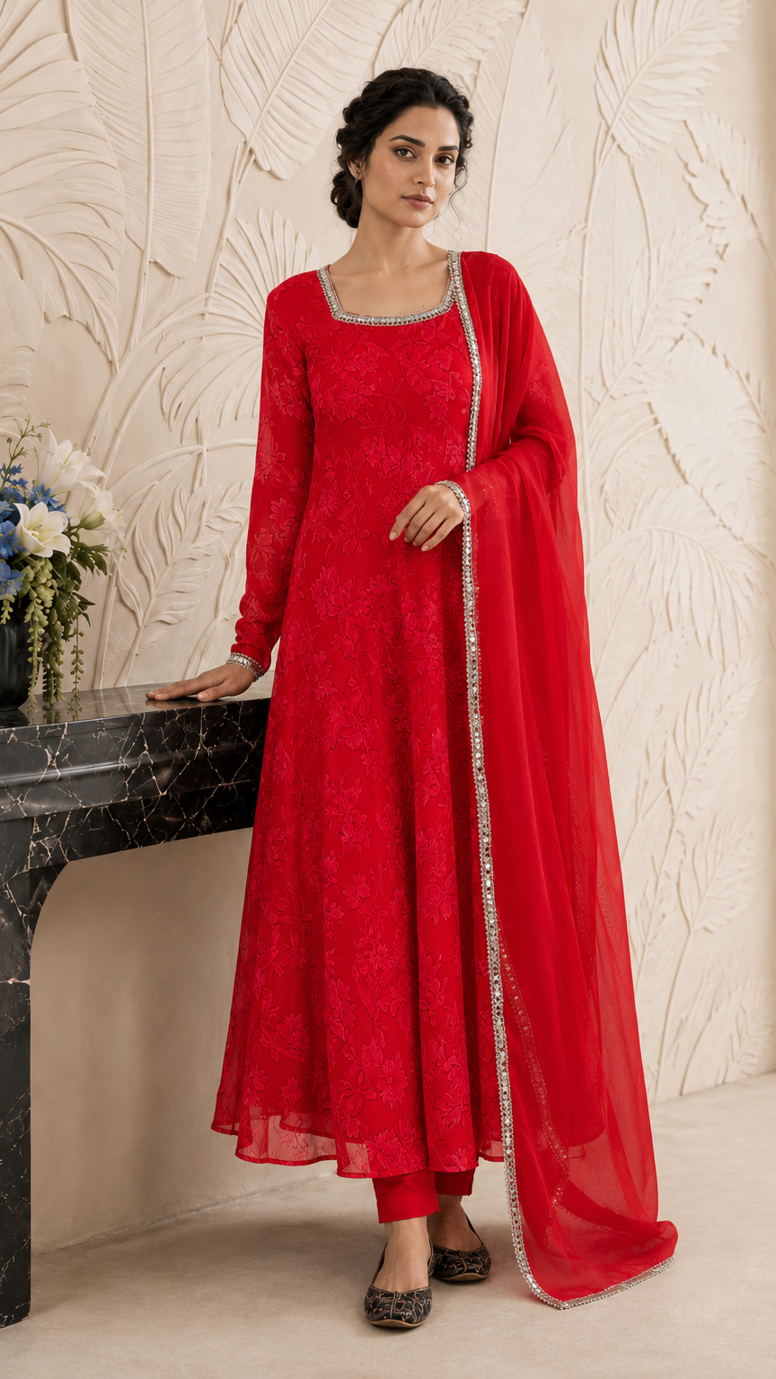 Bright red women’s Anarkali salwar kameez suit with matching trousers and chiffon dupatta, floral jacquard design and silver trim, elegant Asian ethnic wear by Diya Online