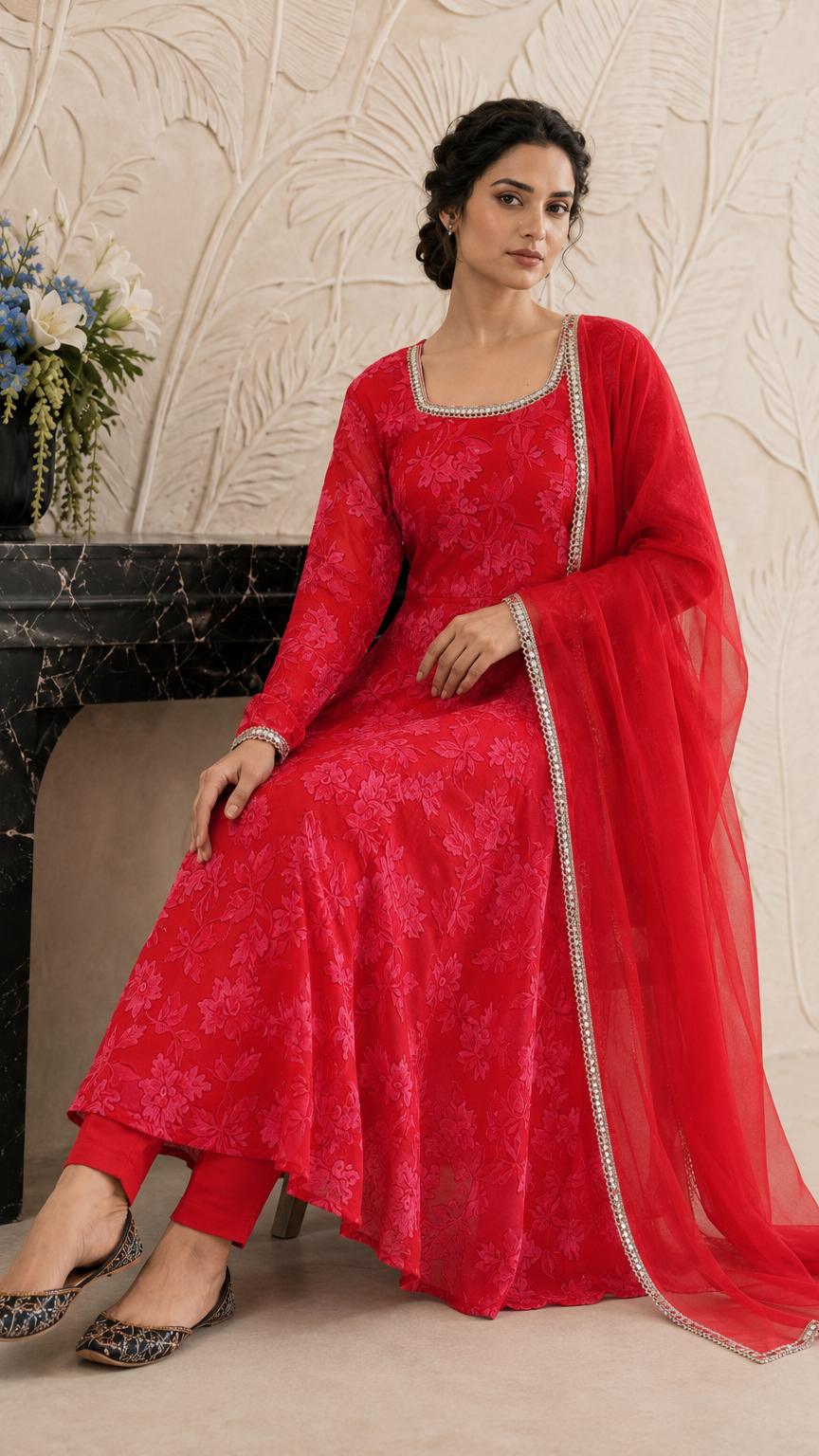 Bright red women’s Anarkali salwar kameez suit with matching trousers and chiffon dupatta, floral jacquard design and silver trim, elegant Asian ethnic wear by Diya Online