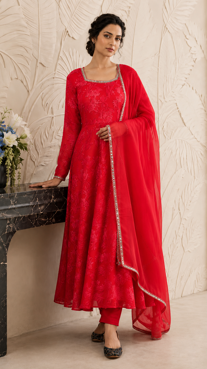 Bright red women’s Anarkali salwar kameez suit with matching trousers and chiffon dupatta, floral jacquard design and silver trim, elegant Asian ethnic wear by Diya Online