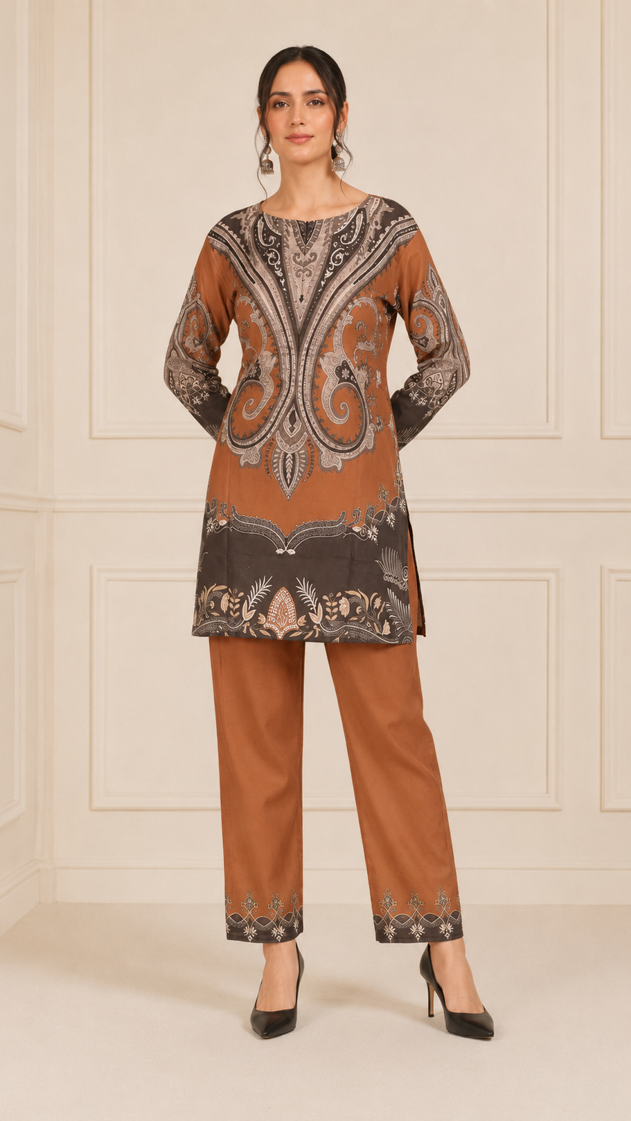 Camel brown women’s salwar kameez suit with printed kurta, matching trousers and chiffon dupatta with embellished border, elegant Asian ethnic wear by Diya Online