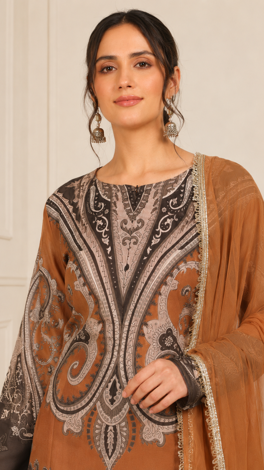 Camel brown women’s salwar kameez suit with printed kurta, matching trousers and chiffon dupatta with embellished border, elegant Asian ethnic wear by Diya Online
