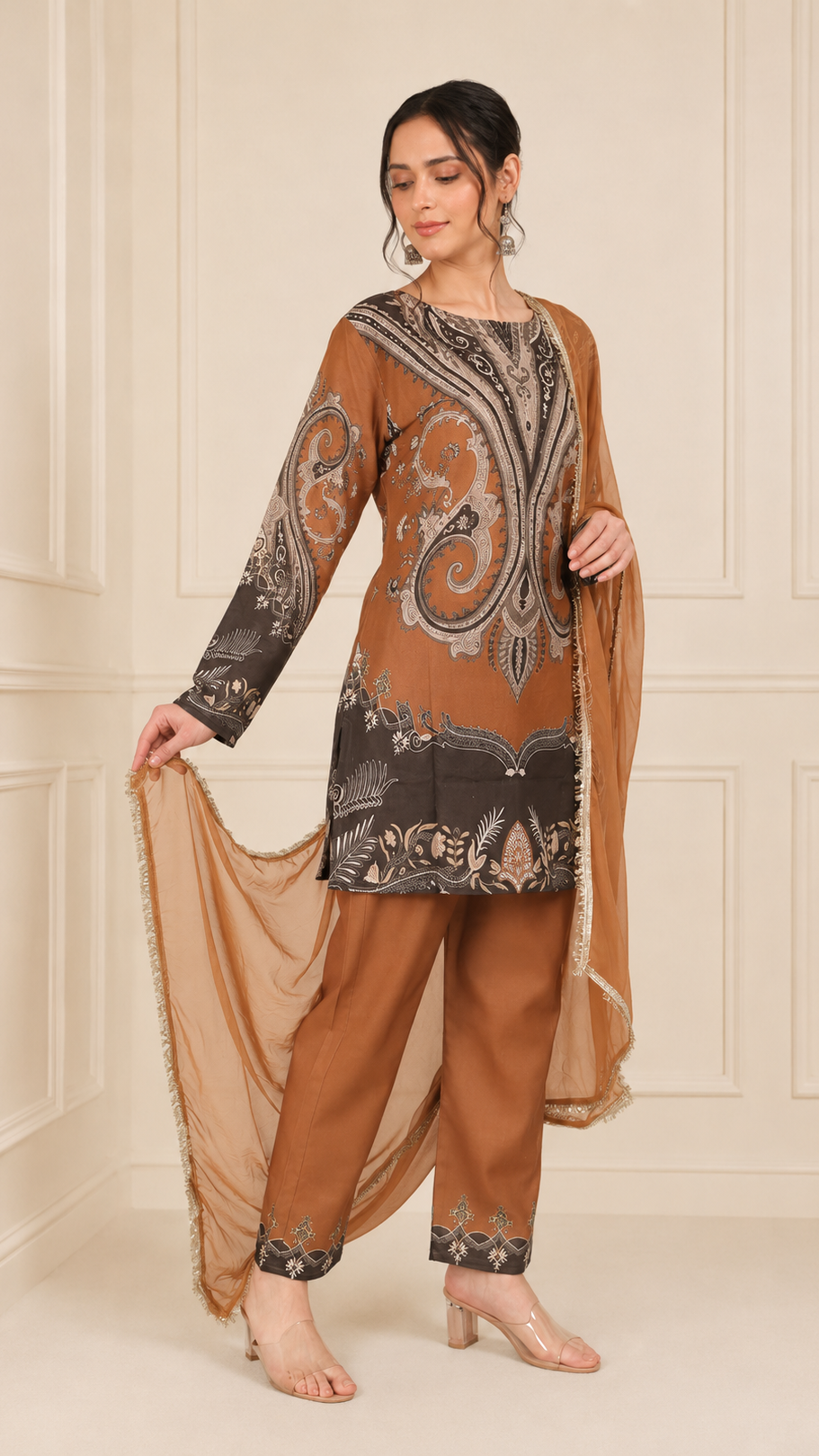 Camel brown women’s salwar kameez suit with printed kurta, matching trousers and chiffon dupatta with embellished border, elegant Asian ethnic wear by Diya Online