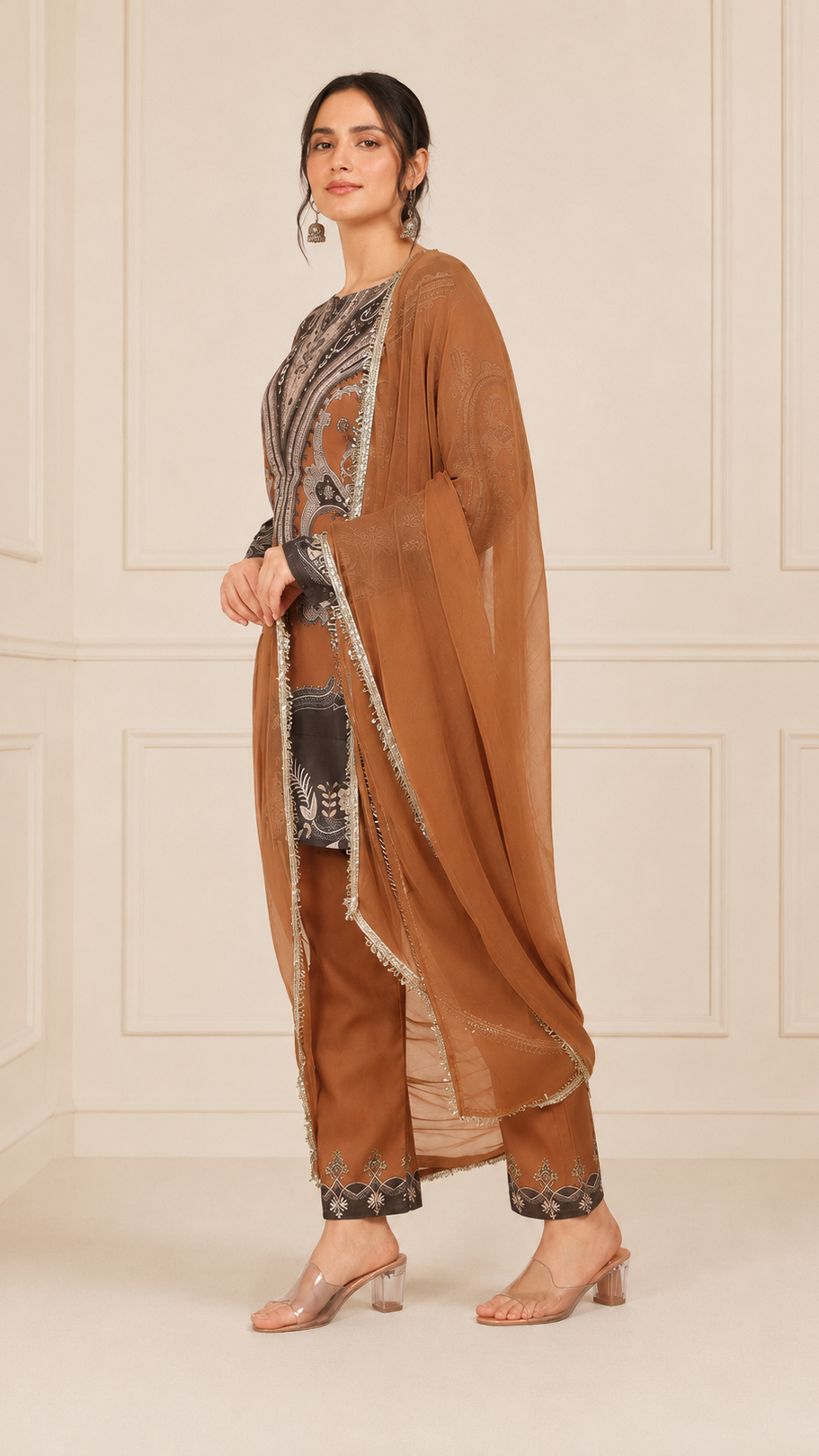 Camel brown women’s salwar kameez suit with printed kurta, matching trousers and chiffon dupatta with embellished border, elegant Asian ethnic wear by Diya Online