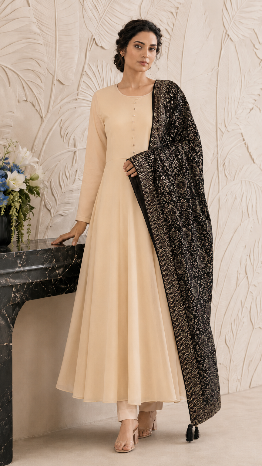 Cream women’s Anarkali salwar kameez suit with matching trousers and black gold printed dupatta, elegant Asian ethnic wear by Diya Online