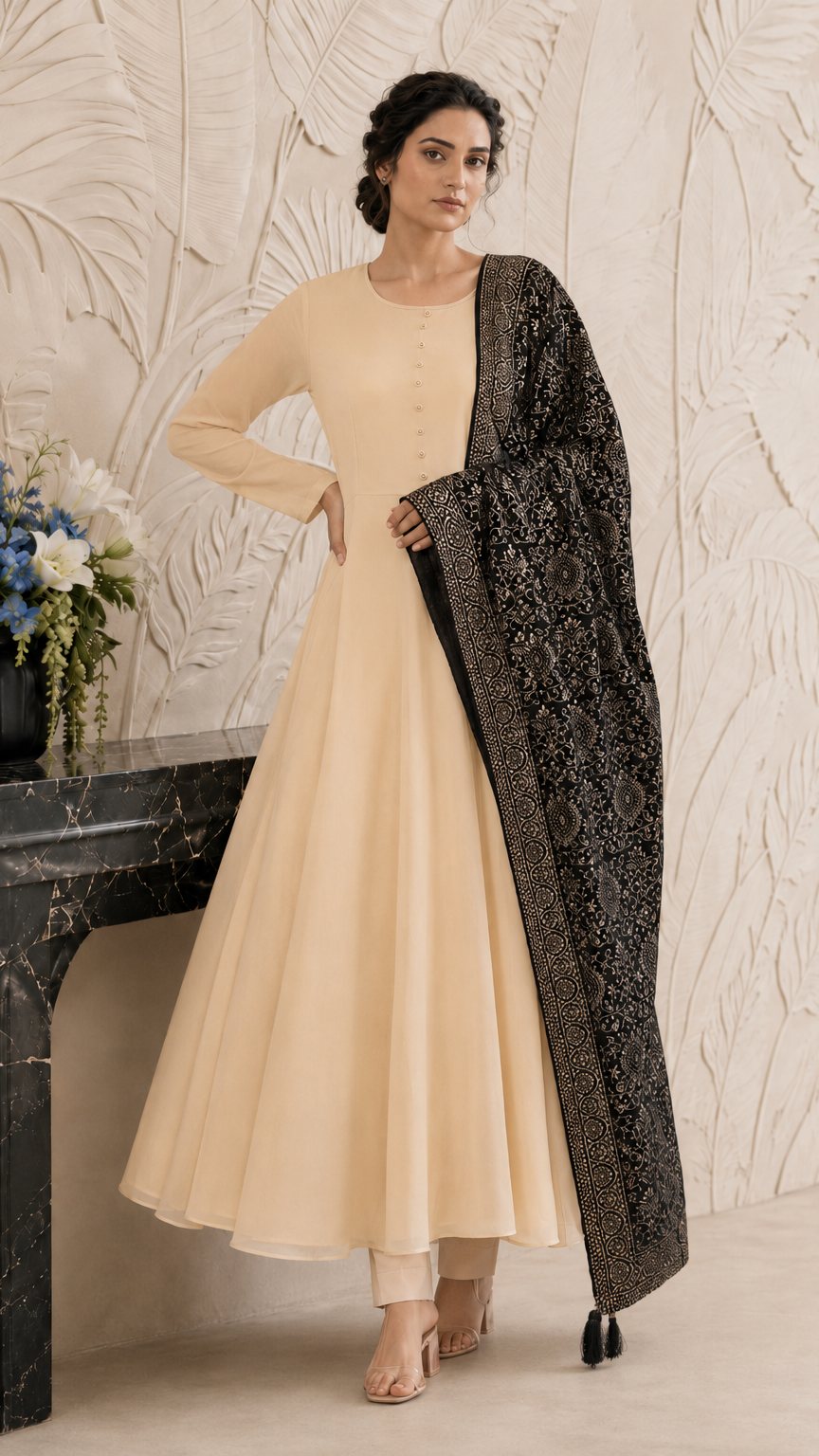 Cream women’s Anarkali salwar kameez suit with matching trousers and black gold printed dupatta, elegant Asian ethnic wear by Diya Online