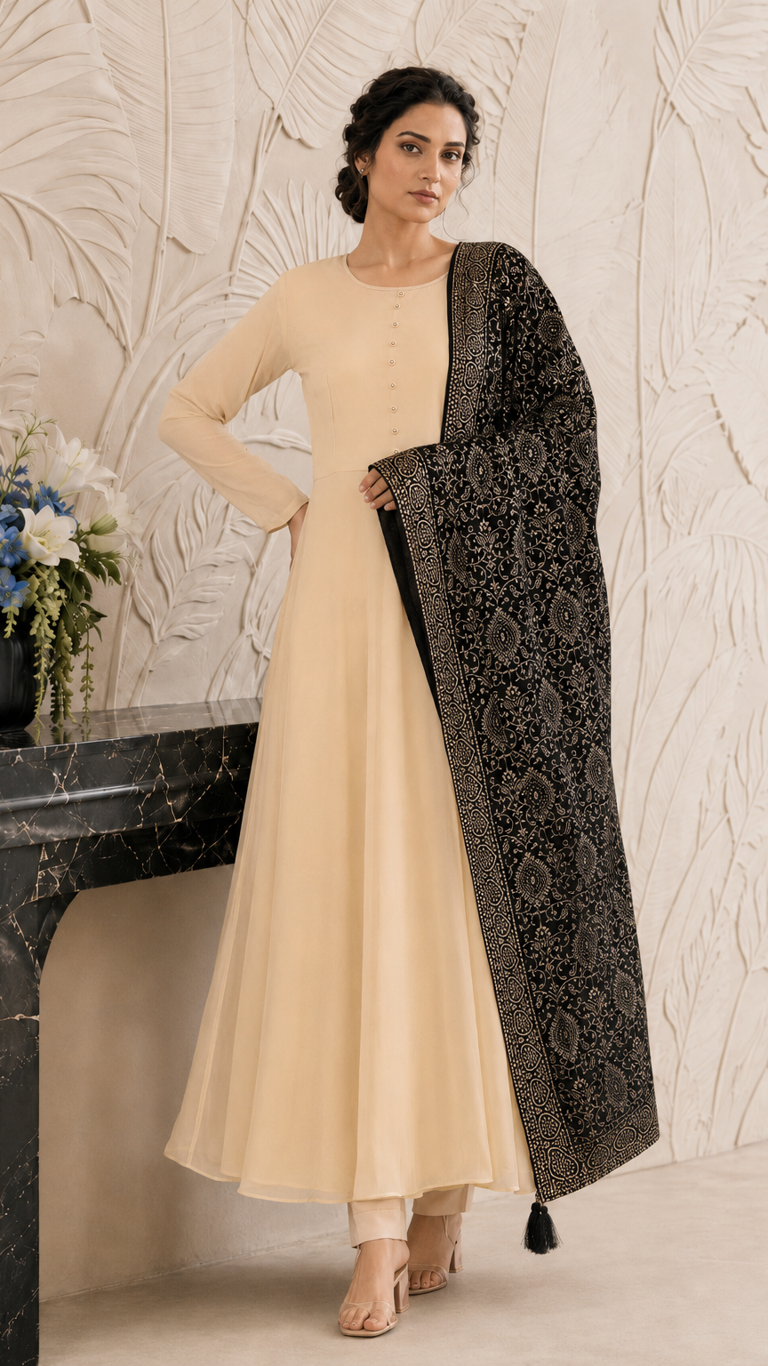 Cream women’s Anarkali salwar kameez suit with matching trousers and black gold printed dupatta, elegant Asian ethnic wear by Diya Online