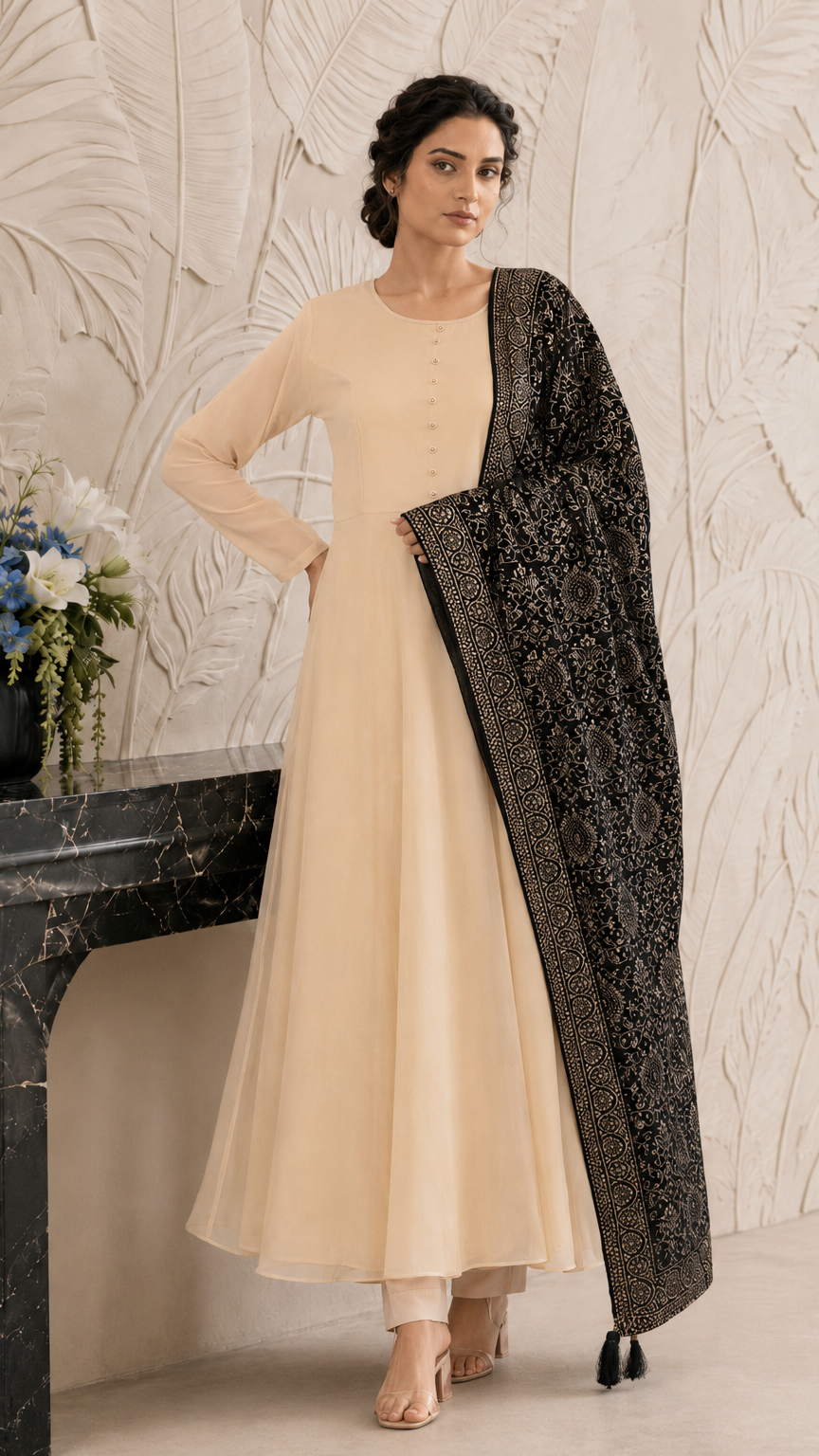 Cream women’s Anarkali salwar kameez suit with matching trousers and black gold printed dupatta, elegant Asian ethnic wear by Diya Online