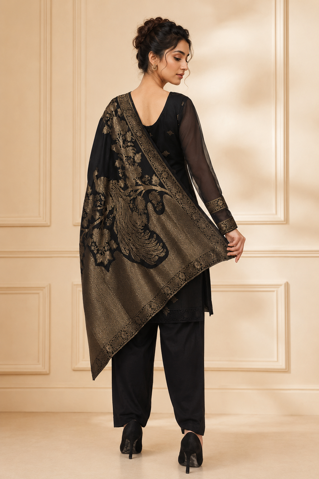 Black and gold women’s salwar kameez suit with matching trousers and jacquard floral dupatta, elegant Asian ethnic wear by Diya Online