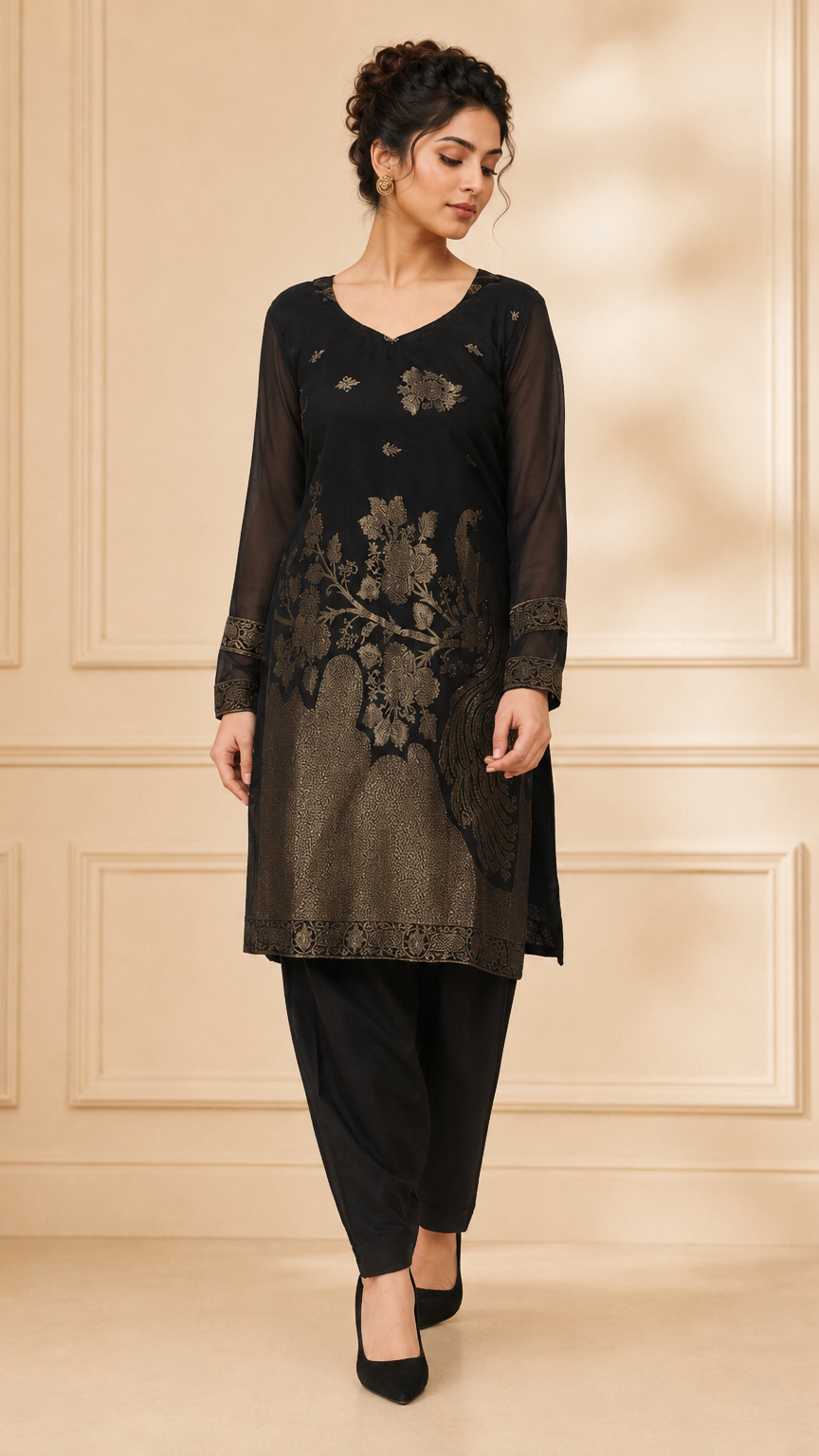 Black and gold women’s salwar kameez suit with matching trousers and jacquard floral dupatta, elegant Asian ethnic wear by Diya Online