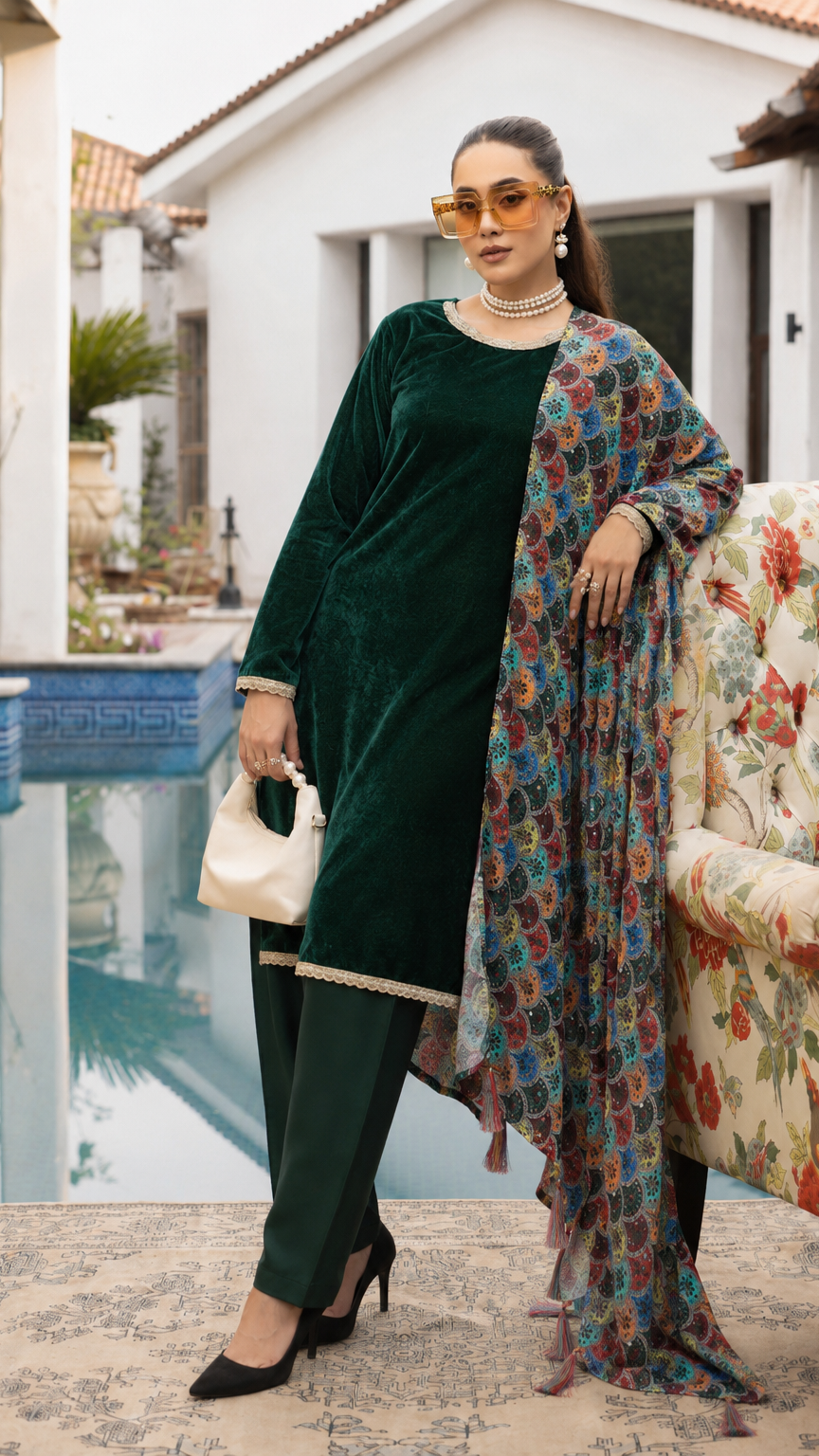 Emerald green velvet women’s salwar kameez suit with matching trousers and multicolour printed dupatta with tassels, elegant Asian ethnic wear by Diya Online