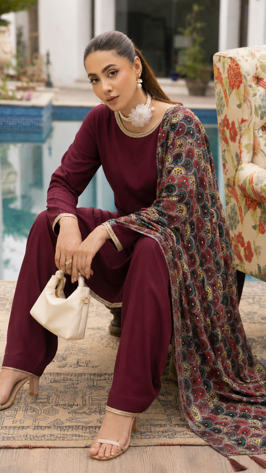 Burgundy women’s salwar kameez suit with matching trousers and multicolour printed dupatta with tassels, elegant Asian ethnic wear by Diya Online