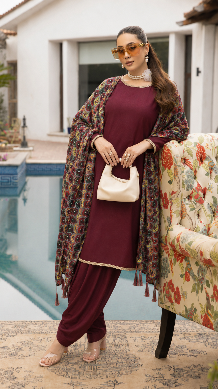 Burgundy women’s salwar kameez suit with matching trousers and multicolour printed dupatta with tassels, elegant Asian ethnic wear by Diya Online