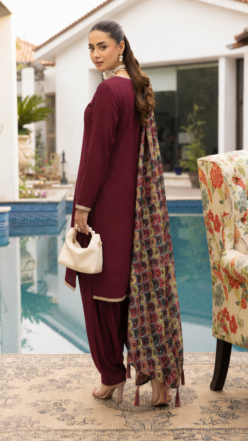 Burgundy women’s salwar kameez suit with matching trousers and multicolour printed dupatta with tassels, elegant Asian ethnic wear by Diya Online