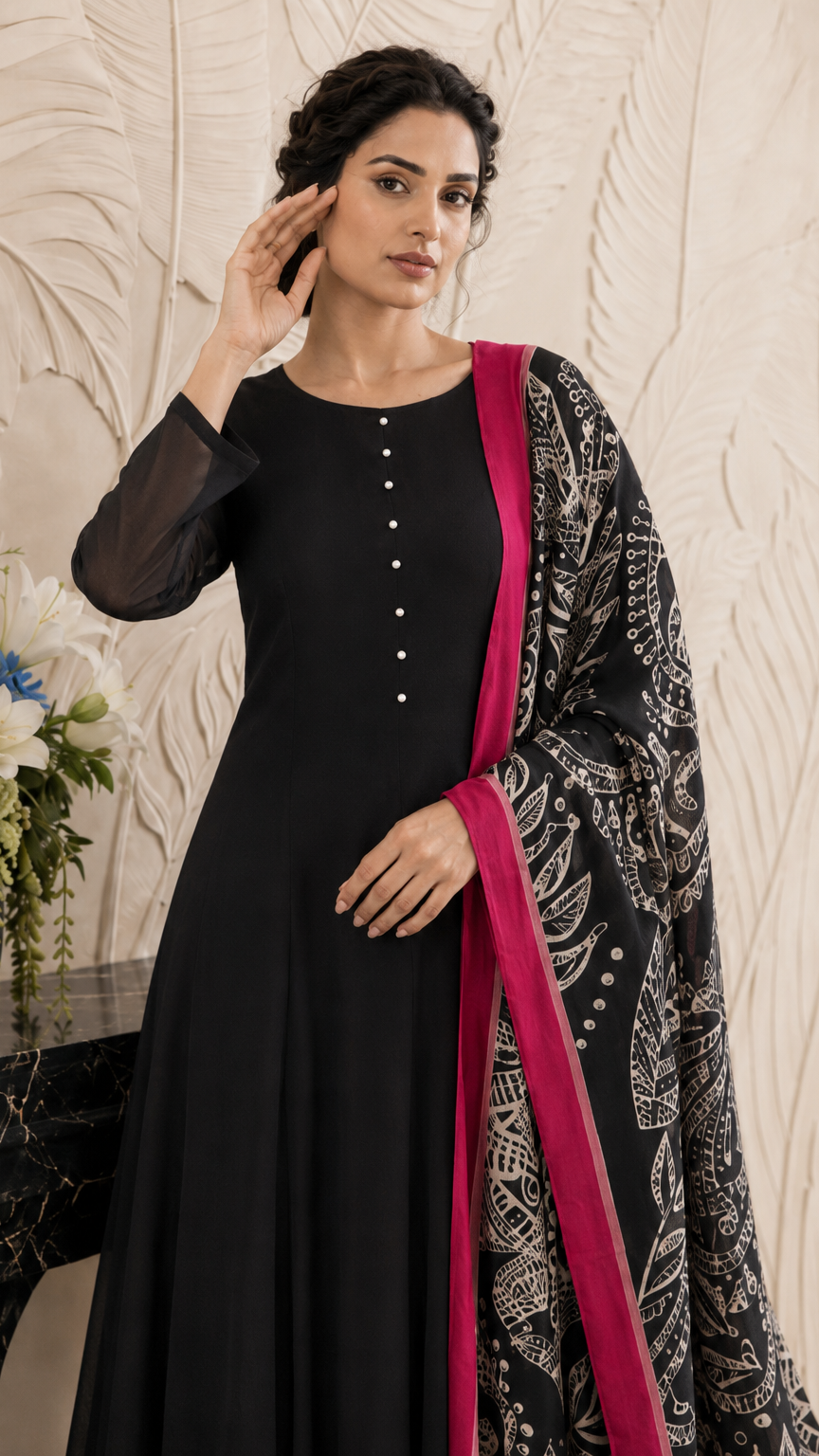 Black women’s Anarkali salwar kameez suit with matching trousers and black paisley printed dupatta with pink border, elegant Asian ethnic wear by Diya Online
