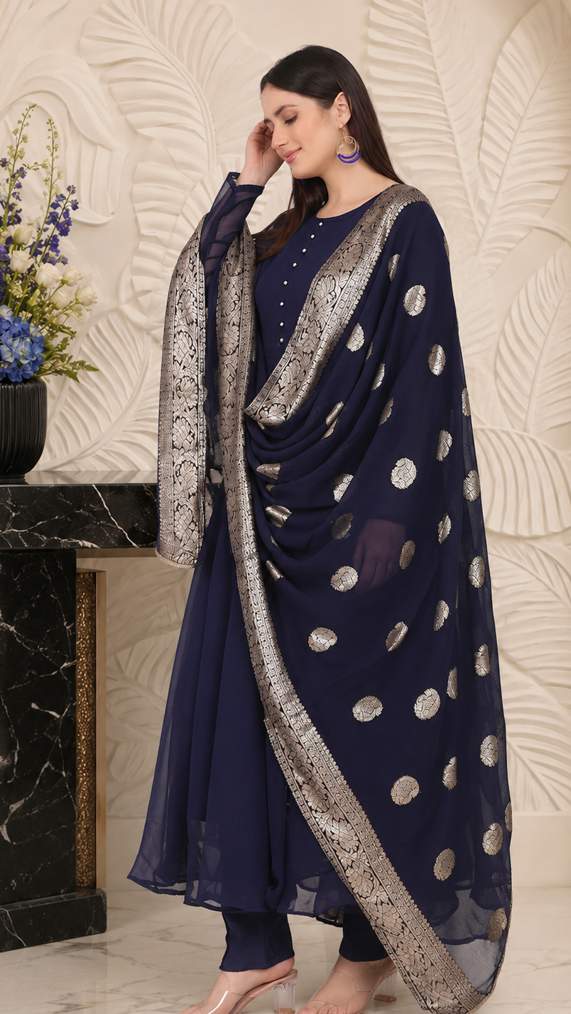Diya Online designer navy blue Anarkali suit with silver border dupatta for women, luxury Indian ethnic wear, wedding guest outfit, festive party wear, salwar suit, and traditional occasion attire.