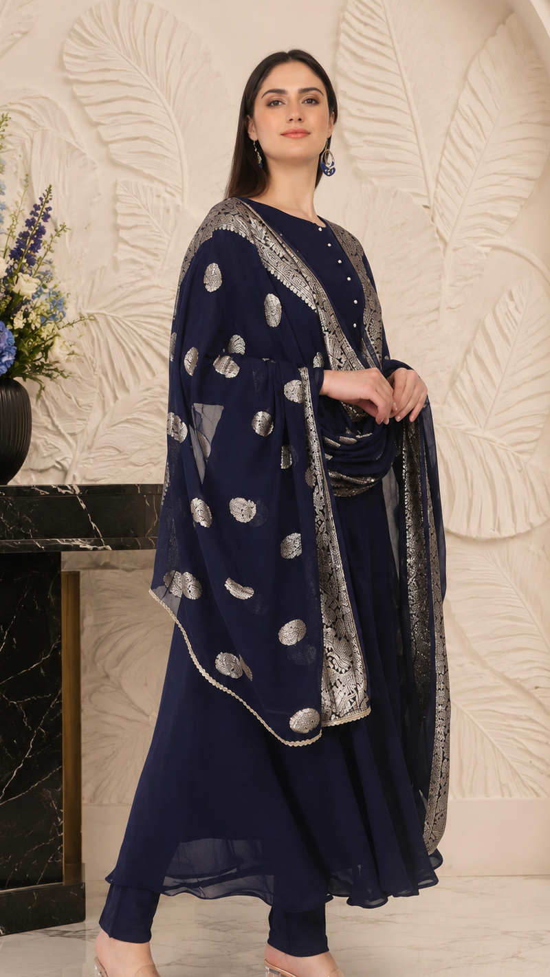 Diya Online designer navy blue Anarkali suit with silver border dupatta for women, luxury Indian ethnic wear, wedding guest outfit, festive party wear, salwar suit, and traditional occasion attire.