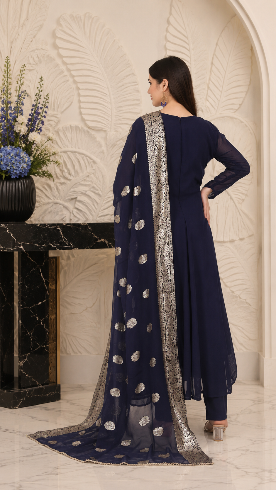 Diya Online designer navy blue Anarkali suit with silver border dupatta for women, luxury Indian ethnic wear, wedding guest outfit, festive party wear, salwar suit, and traditional occasion attire.