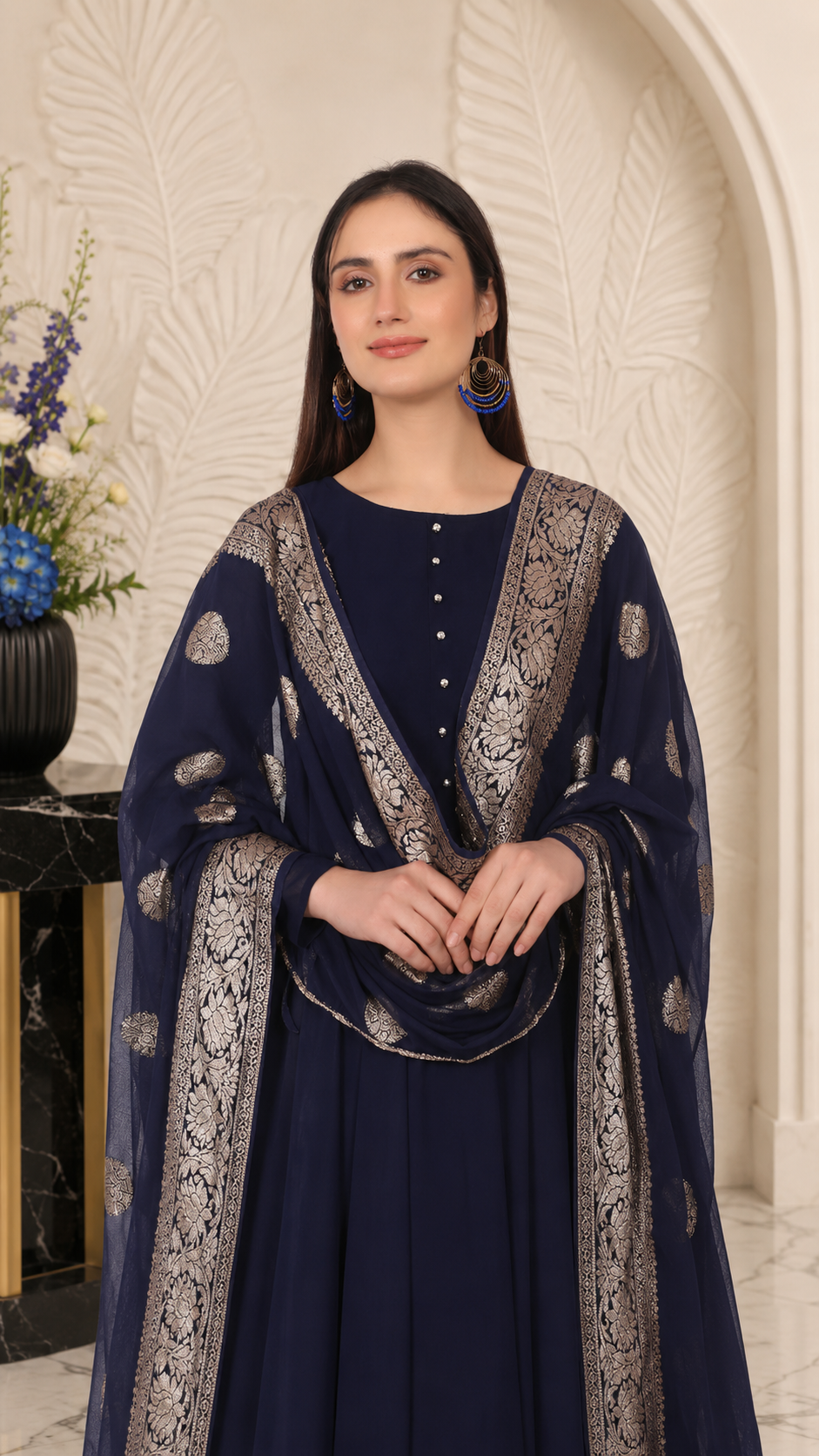 Diya Online designer navy blue Anarkali suit with silver border dupatta for women, luxury Indian ethnic wear, wedding guest outfit, festive party wear, salwar suit, and traditional occasion attire.