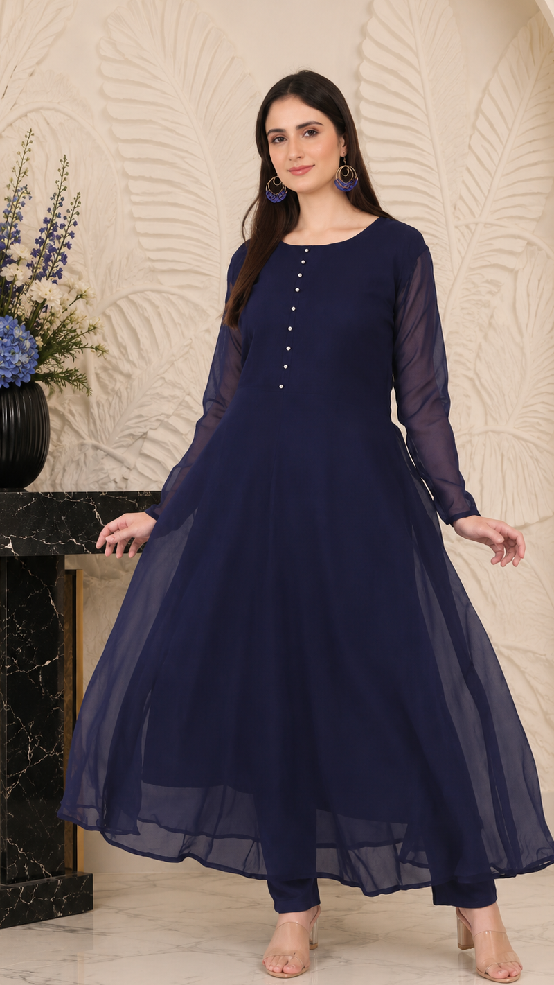 Navy Blue Georgette Bias Cut Suit Set