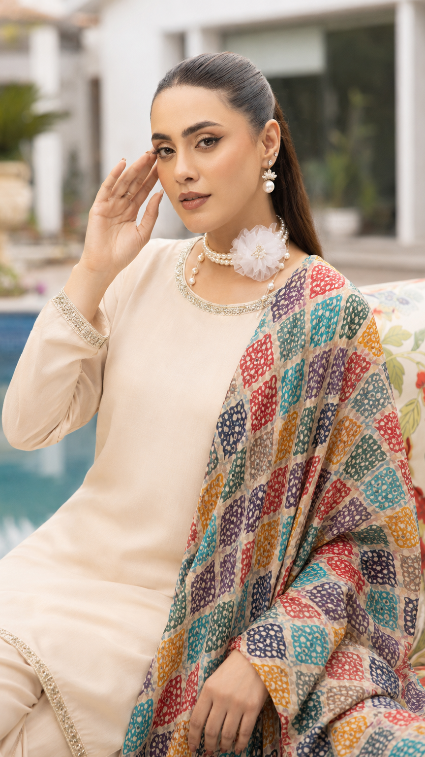 Cream women’s salwar kameez suit with matching trousers and multicolour printed dupatta, elegant Asian ethnic wear by Diya Online