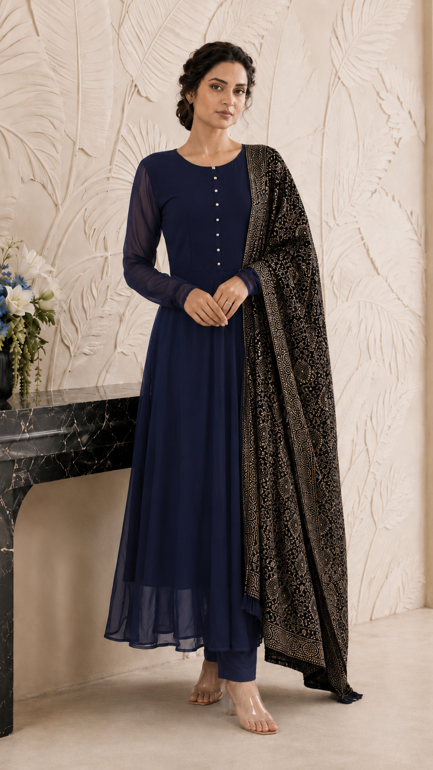 Navy blue women’s Anarkali salwar kameez suit with matching trousers and black gold printed dupatta, elegant Asian ethnic wear by Diya Online