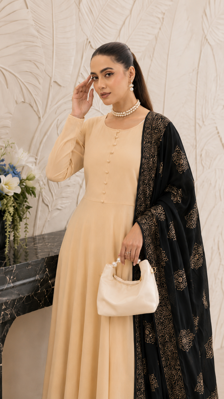 Cream women’s Anarkali salwar kameez suit with matching trousers and black gold printed dupatta, elegant Asian ethnic wear by Diya Online