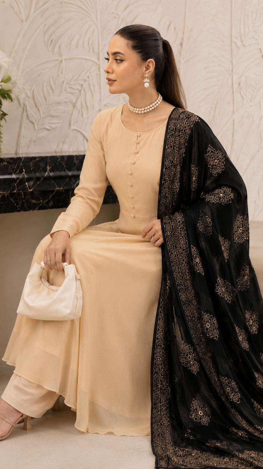Cream women’s Anarkali salwar kameez suit with matching trousers and black gold printed dupatta, elegant Asian ethnic wear by Diya Online